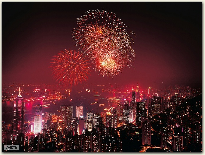 Fireworks over the harbor, Hong Kong
